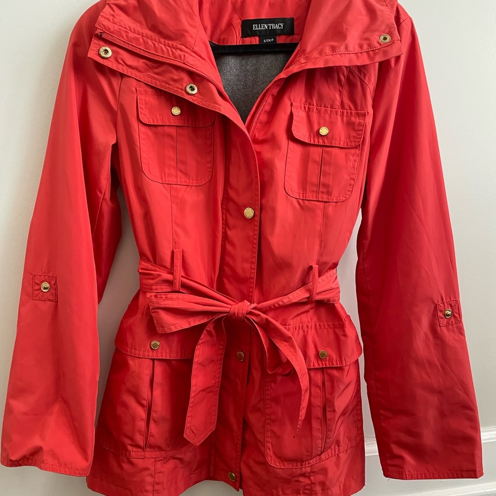 Ellen Tracy Rain Jacket - Orange with Gold Buttons - Size Small